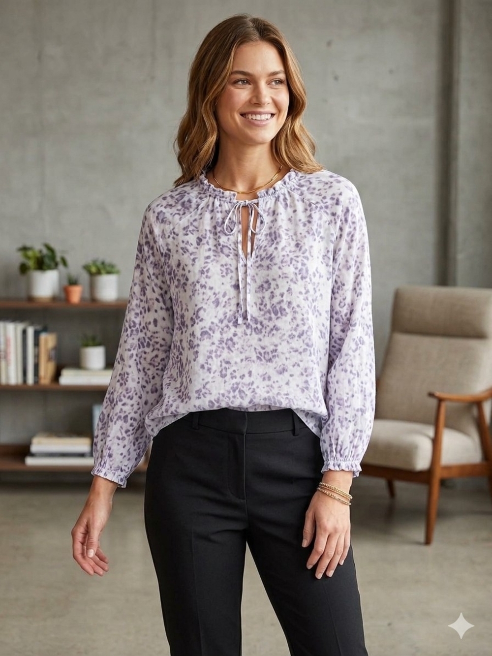 cloth & stone Lavender Tie-Neck Ruffle Blouse